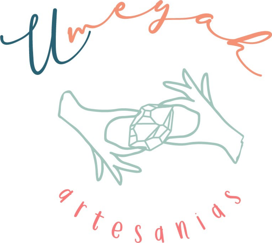 Logotipo Umeyah Artesanías: tipografía manuscrita, manos y cuarzo
