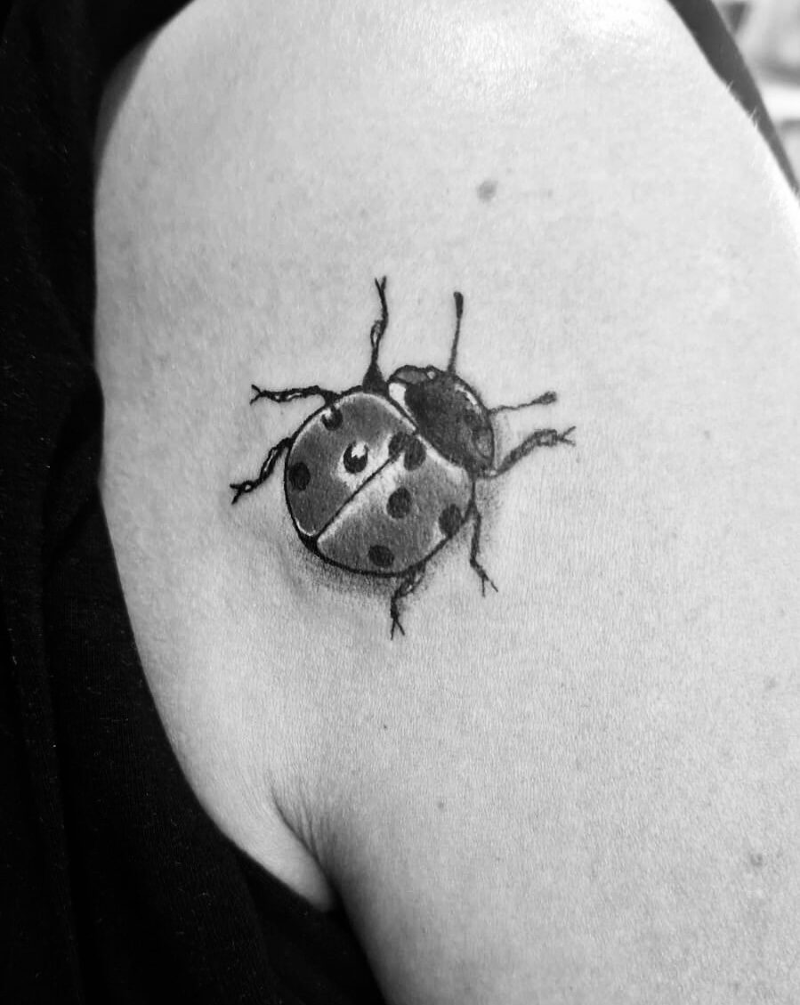 Tatuaje Mariquita — versión Blanco y Negro (Trazo Fino) por Alma Lila Tattoo Studio